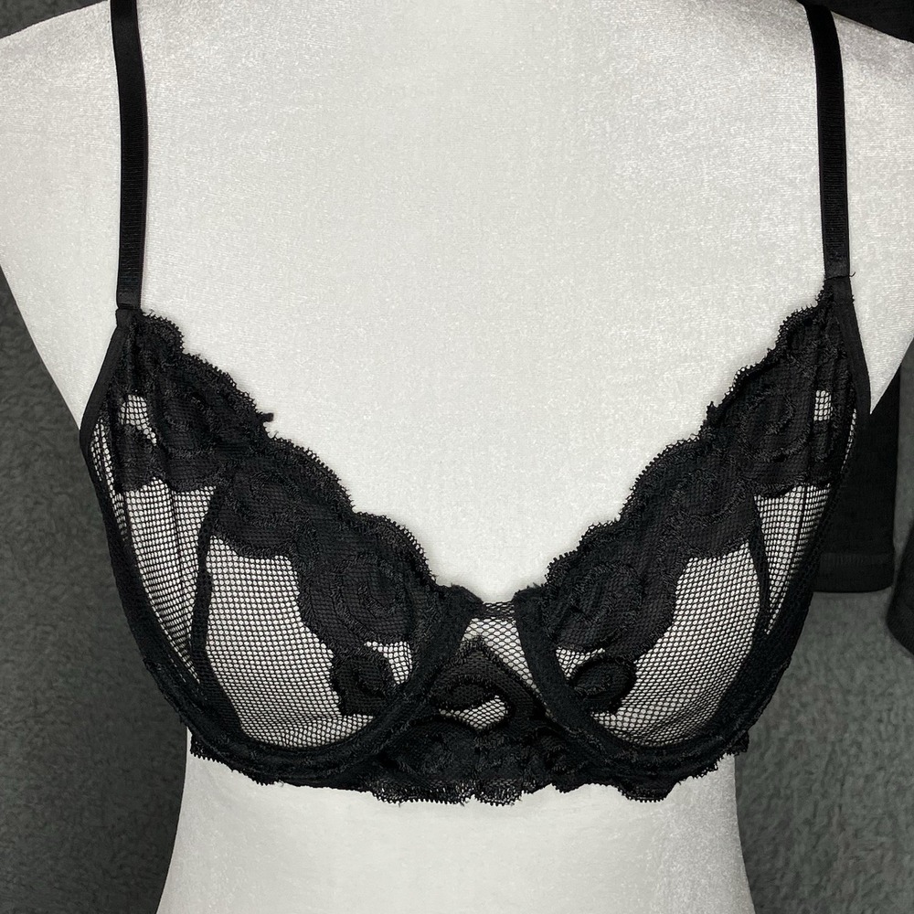 Avid Love Black Fishnet Mesh‎ Floral Lace Sheer Underwire Bra XL NWT Goth Glam